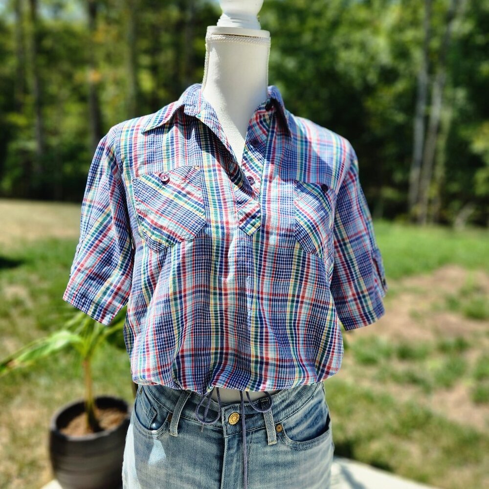 Authentic Vintage 70's plaid tie up that 70'a show blouse shirt